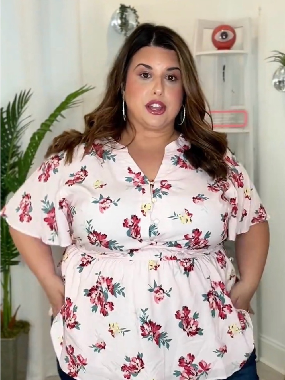 Plus  Blush Floral Peplum Top with Flutter Sleeves